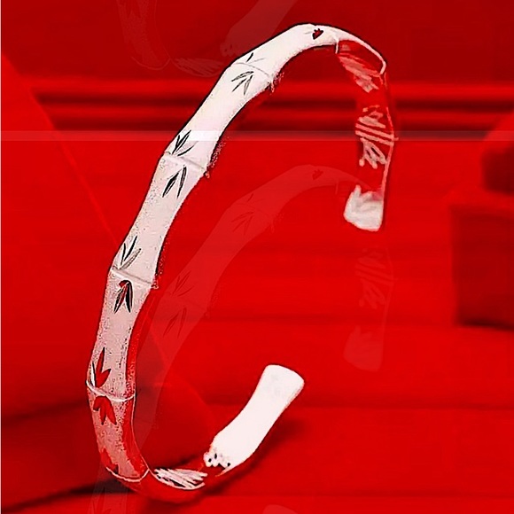 Engraved Vintage Sterling Silver Bamboo Design Cuff Bangle Bracelet - Picture 3 of 5